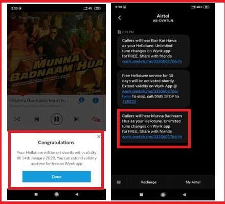 Congratulation message after activating the caller tune from wynk music app