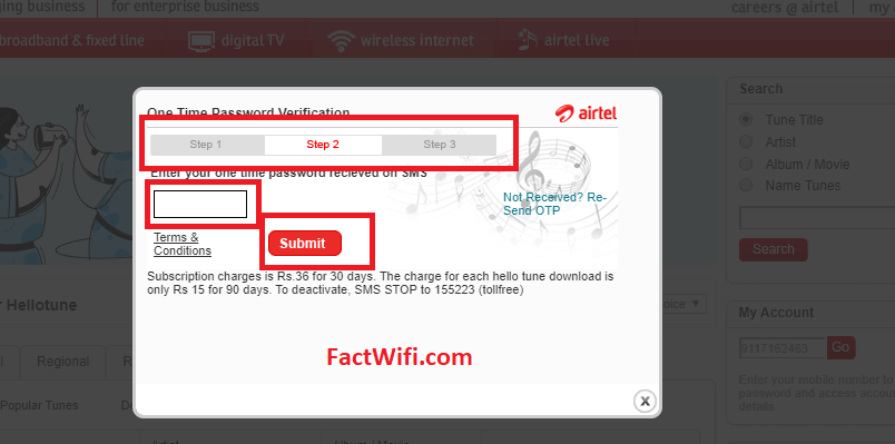 Enter the OTP during activate the airtel caller tune