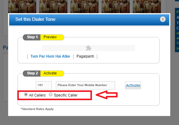 select all caller or special caller during activating the idea caller tunes